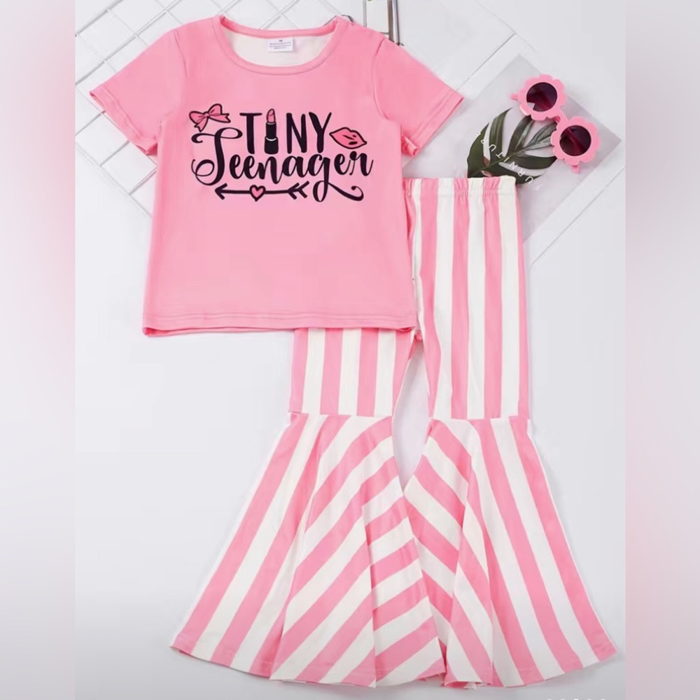Girls Boutique Tiny Teenager Graphic Top & Pink Strip Bell Bottoms Pants Set